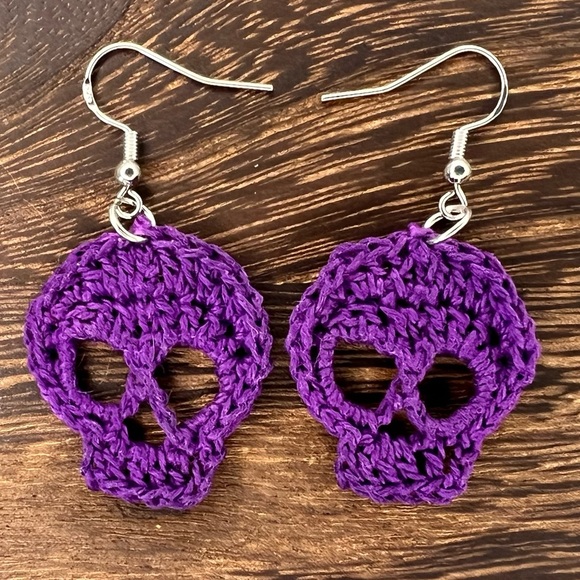 Hand Crafted Jewelry - Handmade Crochet Skull Earrings on Hypoallergenic White Gold Plated Hooks